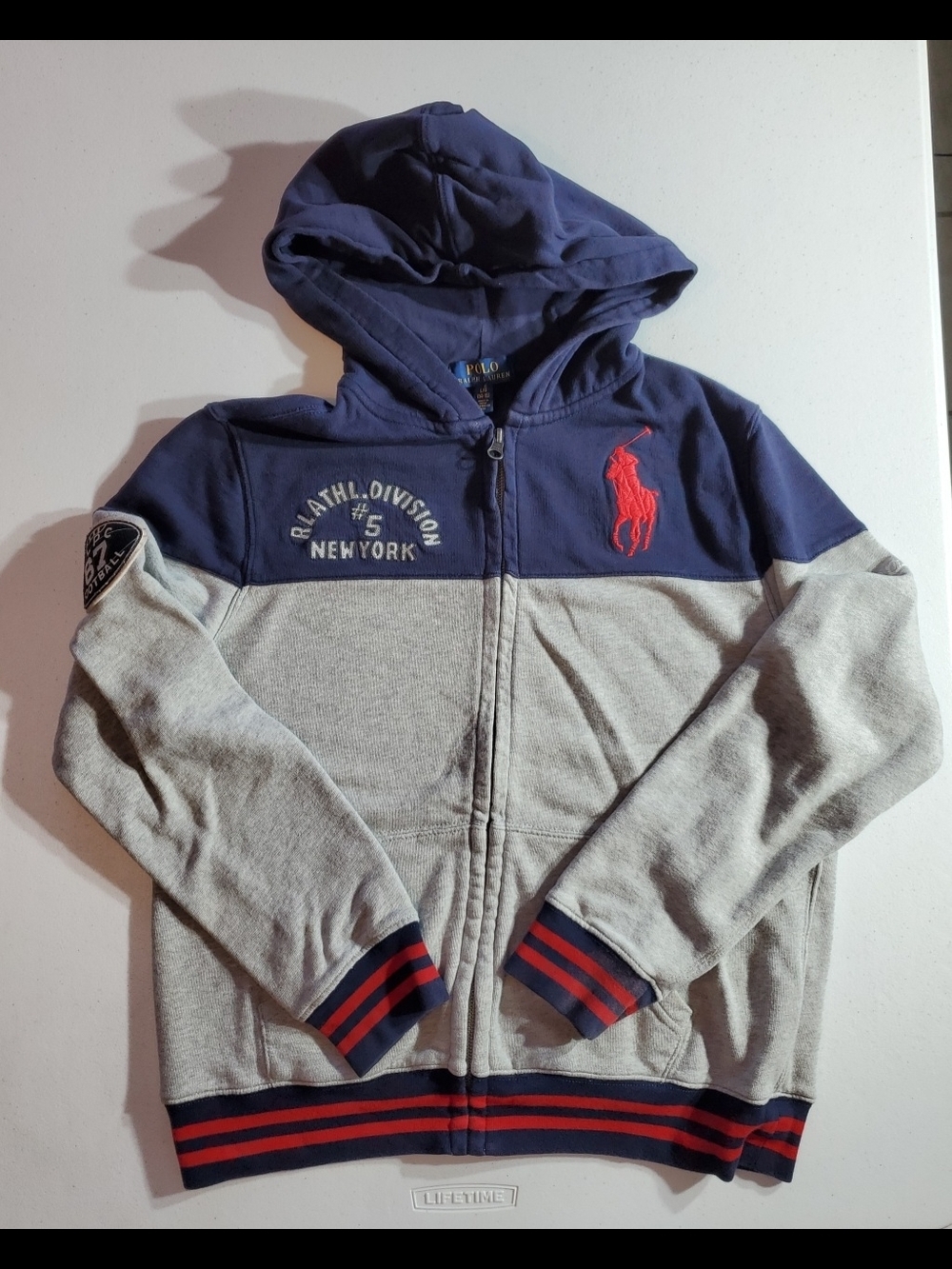 Ralph Lauren Boys 14-16 Polo Hoodie Navy & Heather Gray Big Red Pony